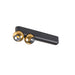 Black track light fixture with two gold textured spherical lamps.