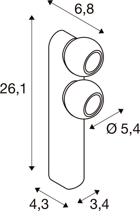 Technical drawing with dimensions of a white wall-mounted double spotlight fixture.