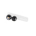 White track light fixture with two black faceted globe spotlights, surface mounted.