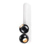 Modern wall-mounted light fixture with two black faceted shades and a white backplate.