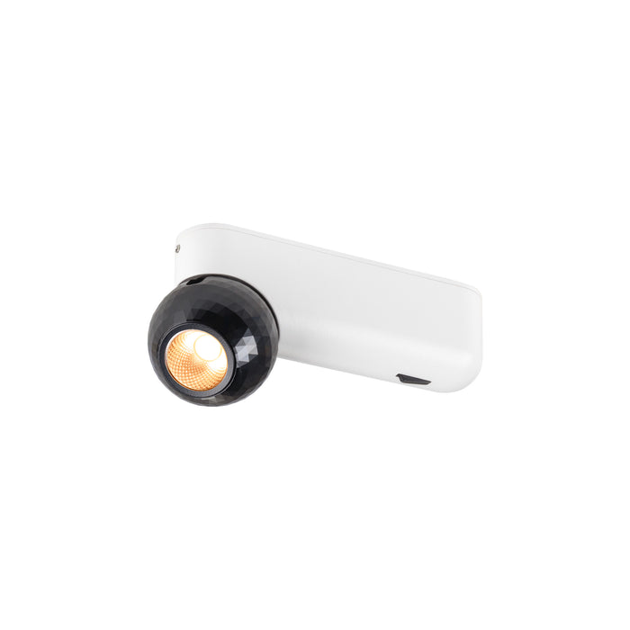 Wall-mounted spotlight with a black faceted shade and a white rectangular base.