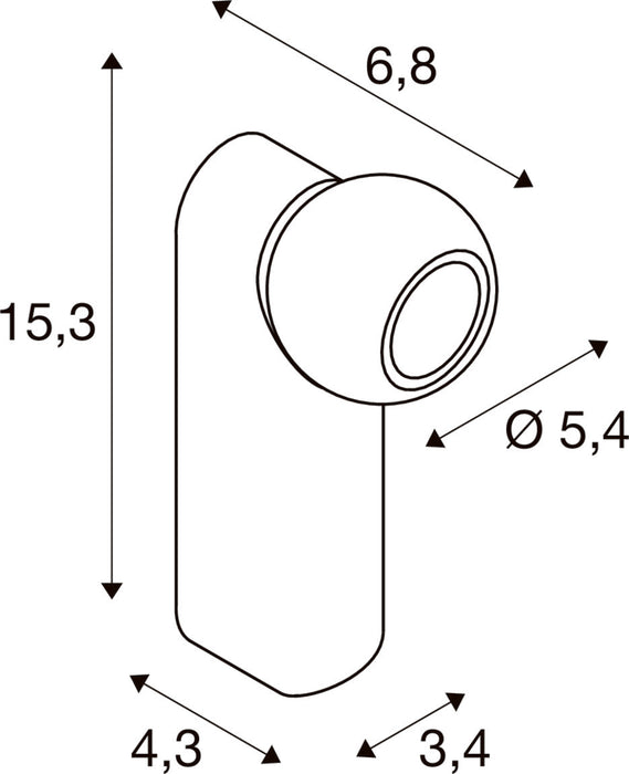 Technical drawing with dimensions of a white wall-mounted spotlight.
