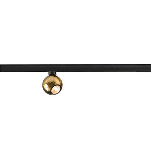 Brass sphere track light fixture, gold finish, mounted on black track.