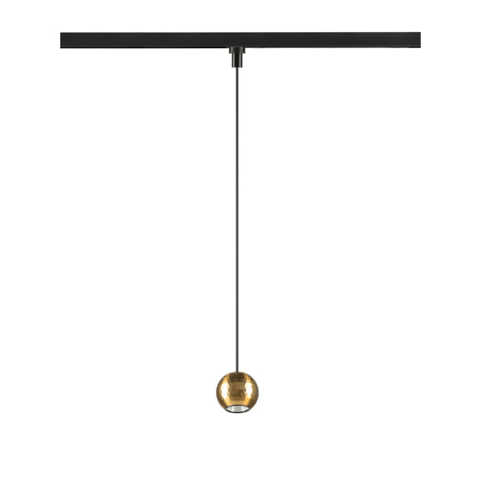 Track pendant light fixture with a gold sphere shade and black mounting.