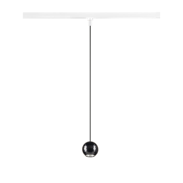 Black glass pendant light fixture with track mounting.
