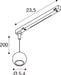 Technical drawing of a track-mounted pendant light with a spherical shade, showing dimensions.