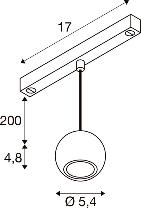 Technical drawing of a ceiling-mounted pendant light fixture with dimensions.