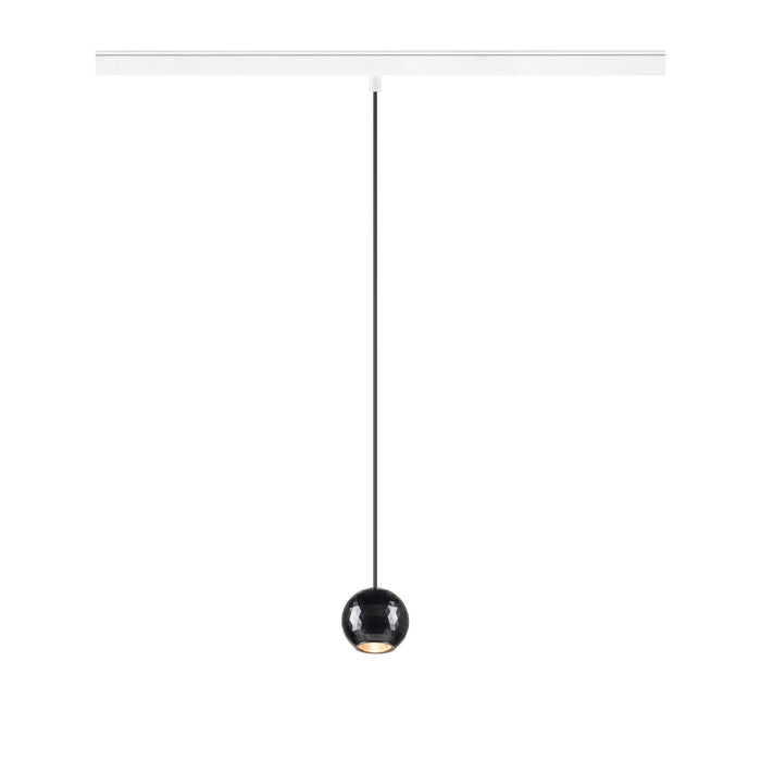 Black glass pendant light fixture, track mounted.