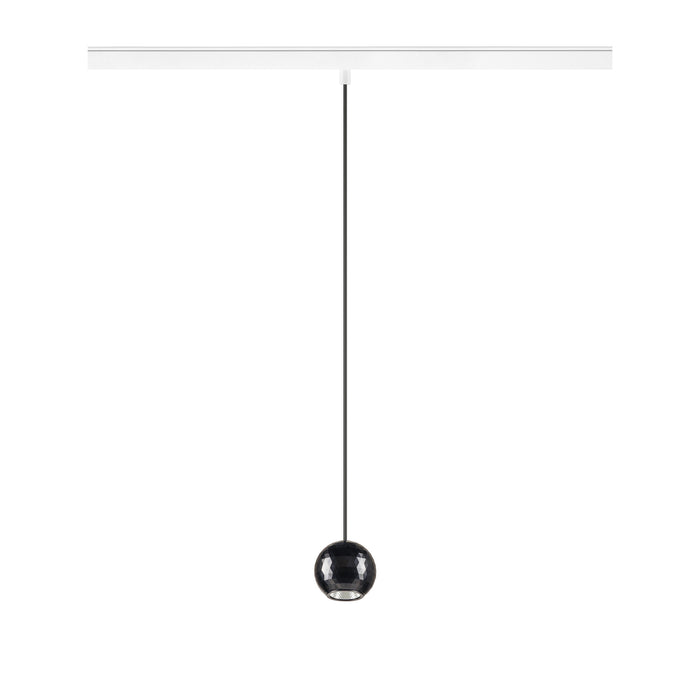 Black glass pendant light fixture, track mounted.