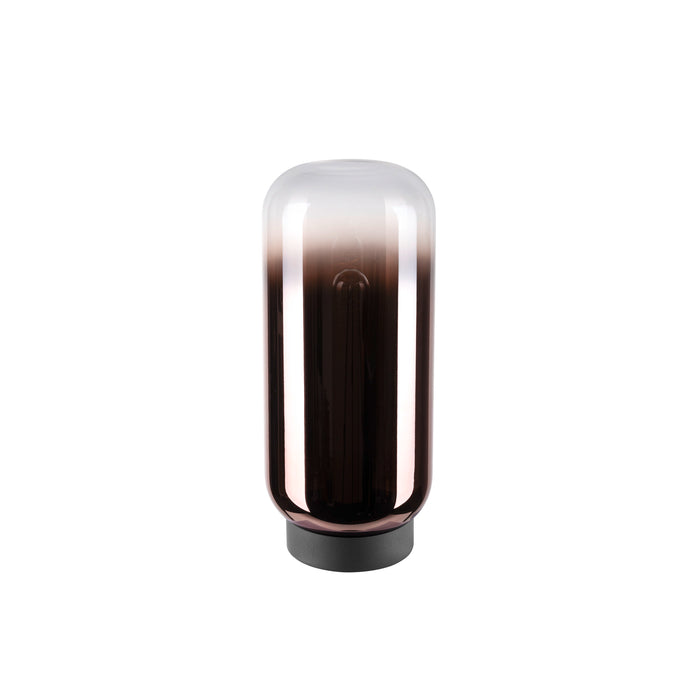 Glass table lamp with ombre brown finish and black base.