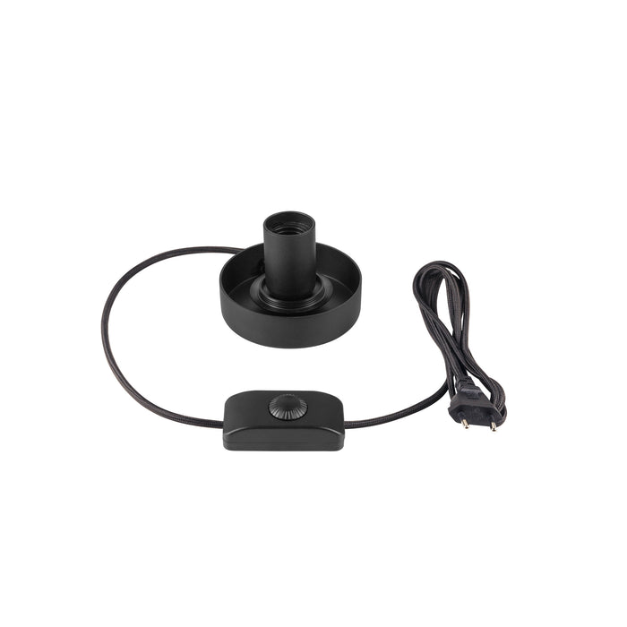 Black metal pendant light kit with cord, switch, and plug.