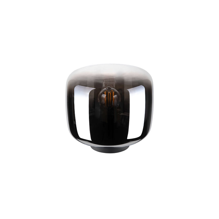 Glass table lamp with a glossy black finish and a rounded square shape.