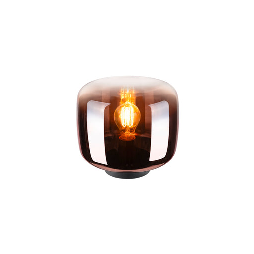 Glass table lamp with a copper finish and a black base.