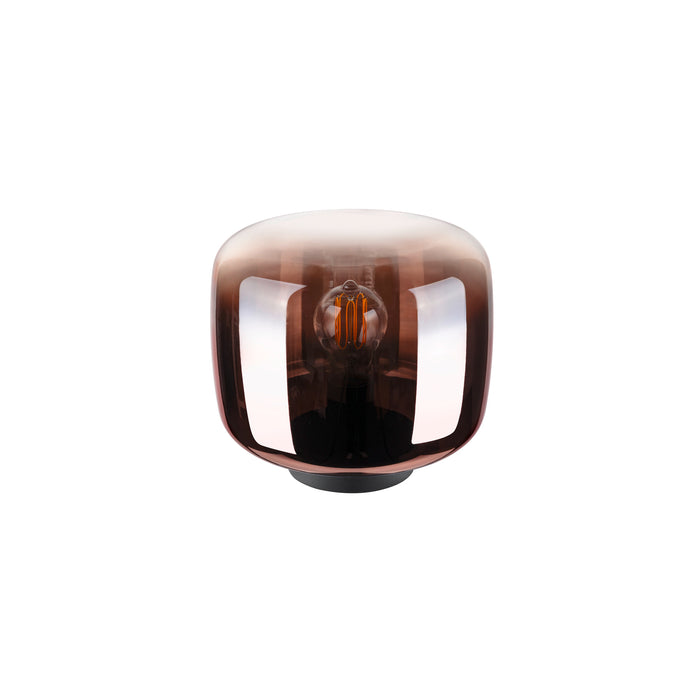 Glass table lamp with a copper finish and black base.