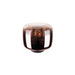 Glass table lamp with a copper finish and black base.