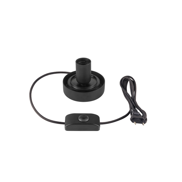 Black metal pendant light socket with cord, switch, and plug.