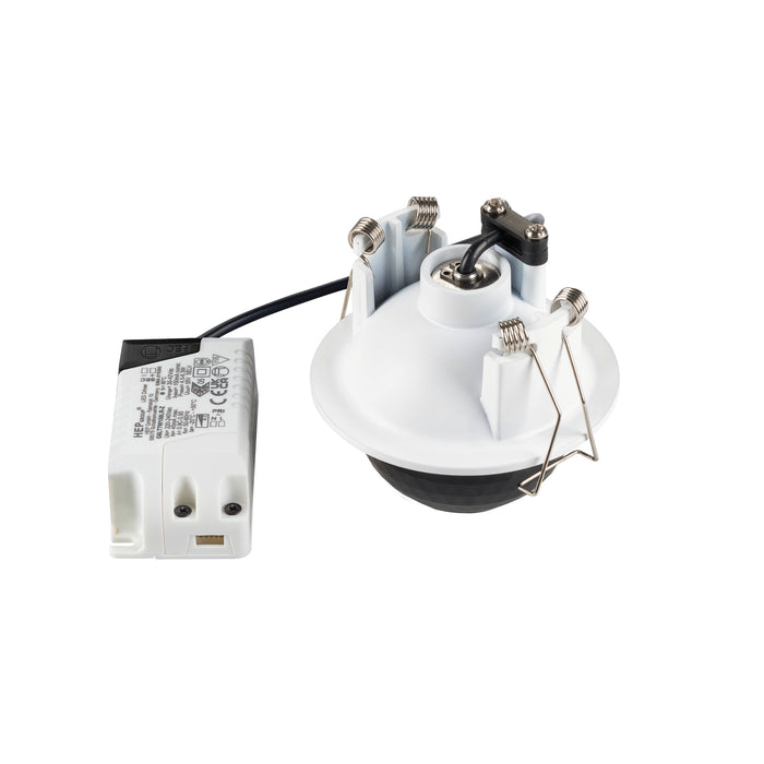Recessed ceiling light fixture with white trim, metal spring clips, and a separate white driver box.