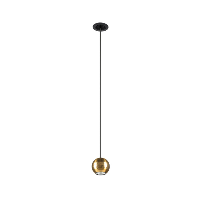 Modern pendant light fixture with a gold finish sphere shade and black ceiling mount.