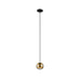 Modern pendant light fixture with a gold finish sphere shade and black ceiling mount.