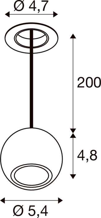 Technical drawing of a ceiling-mounted pendant light fixture with dimensions.