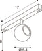 Technical drawing of a ceiling-mounted spotlight with dimensions.