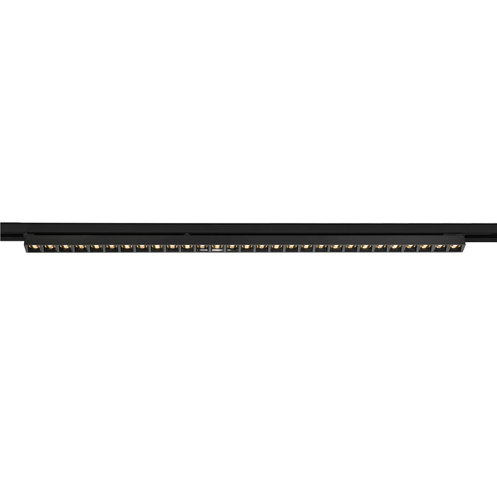 Black track lighting fixture with multiple LED lights.