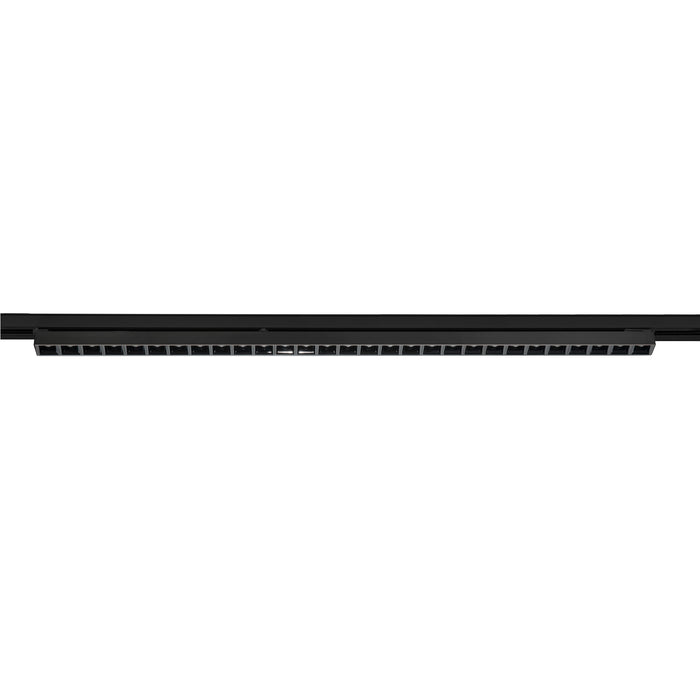Black track lighting fixture, surface mounted.