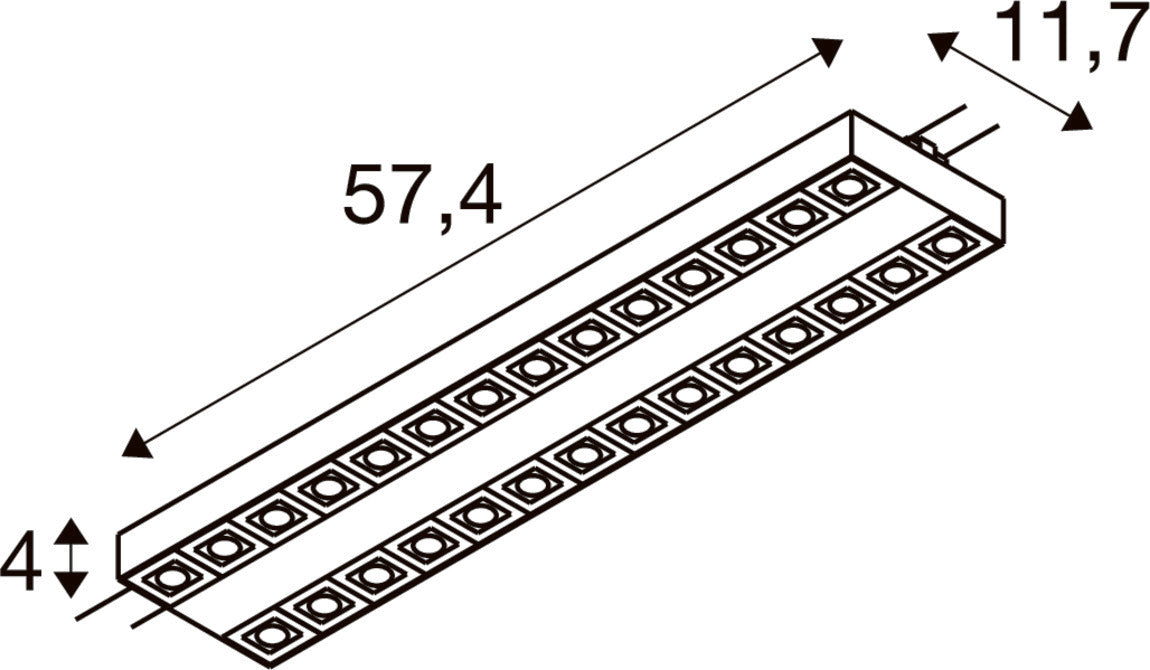 Technical drawing of a linear LED light fixture with dimensions.