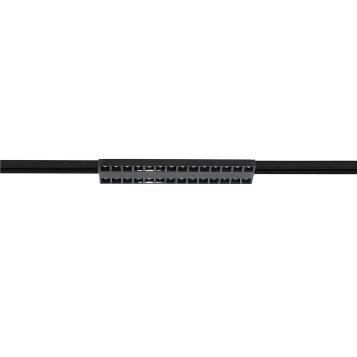 Black track lighting fixture with multiple LED spots, surface mounted.