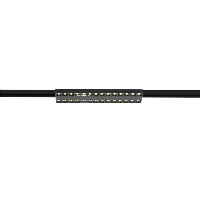 Black track lighting fixture with multiple LED lights.