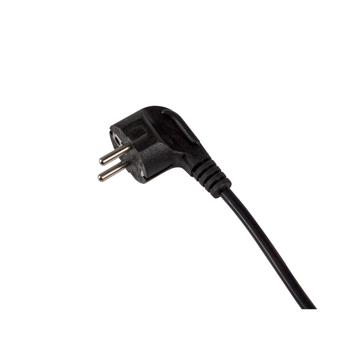 Black plastic European AC power plug with metal pins.