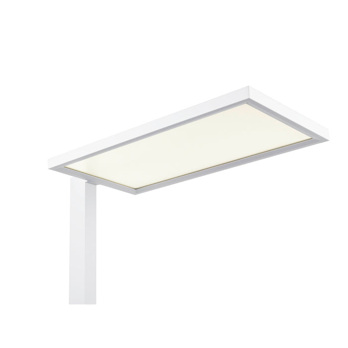 White post-mounted outdoor LED light fixture with rectangular head and textured diffuser.