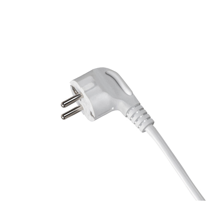 European EU AC power plug, white plastic housing, metal pins.