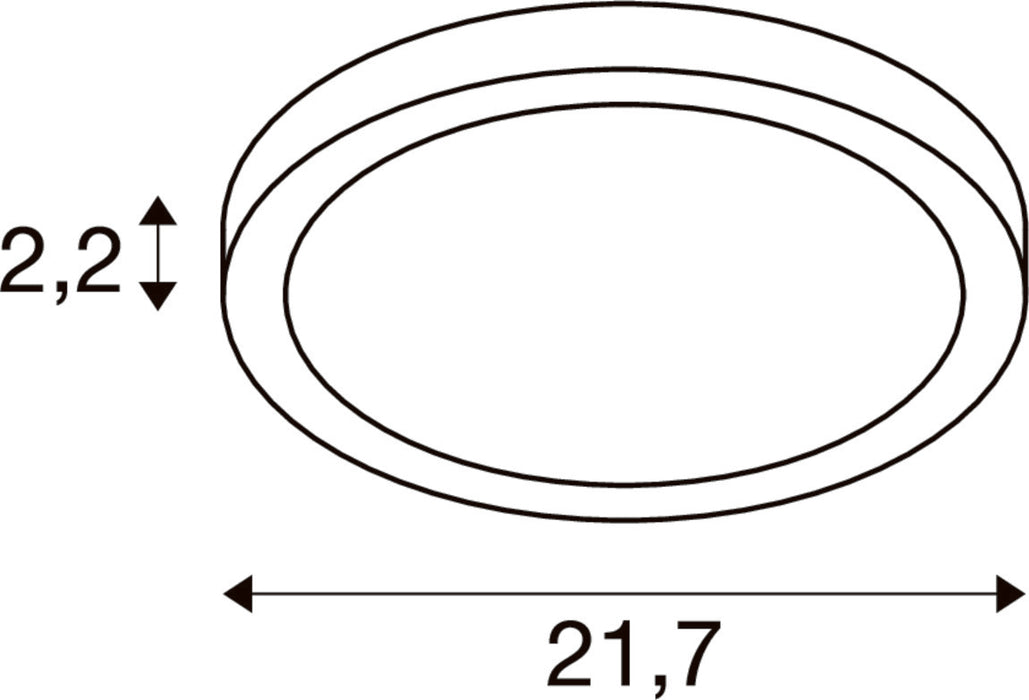 Technical drawing of an oval LED ceiling light fixture with dimensions 2.2 x 21.7.