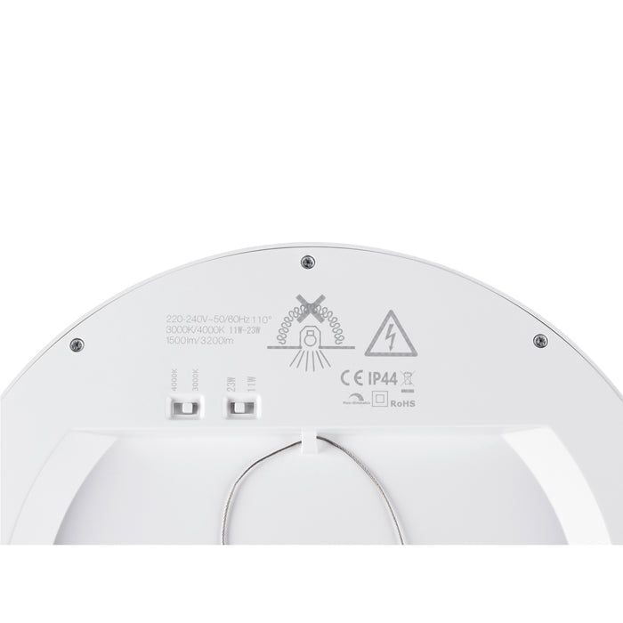 White LED ceiling light, showing back with wattage and color temperature switches.