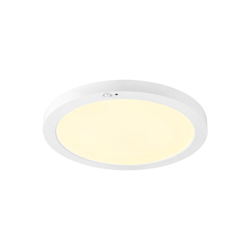 White flush mount LED ceiling light fixture with motion sensor.