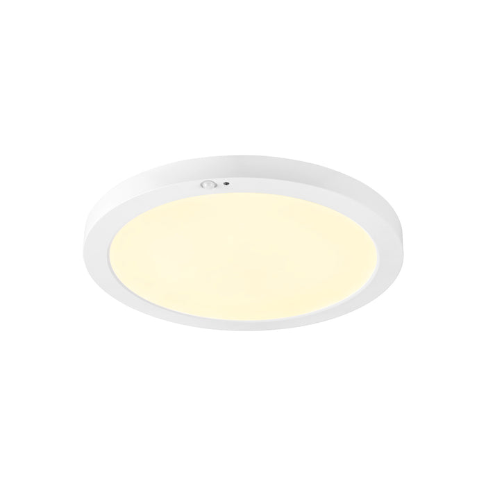 White flush mount LED ceiling light fixture with motion sensor.