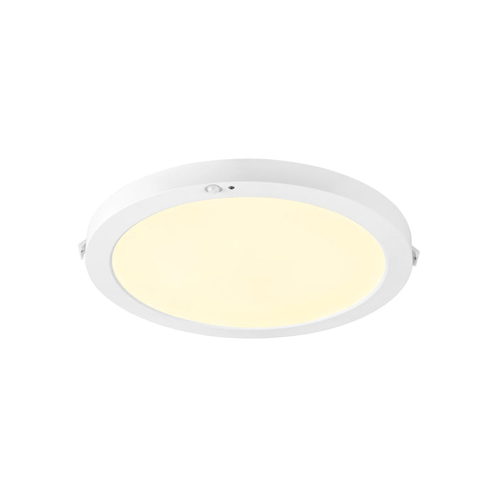 White round LED ceiling light fixture with motion sensor.