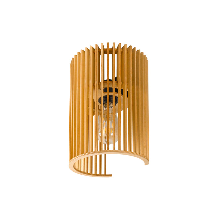 Wood slat wall sconce, natural finish, cylinder shape.