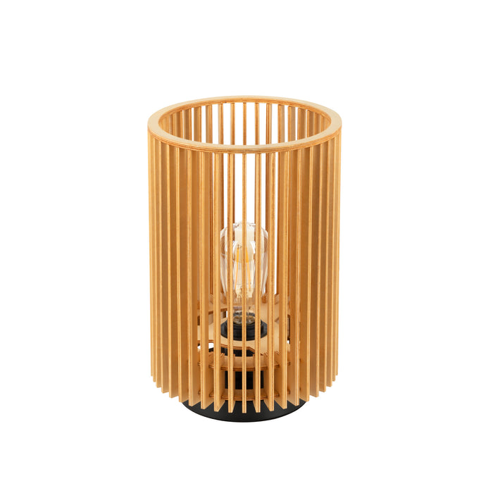 Wood slat table lamp with black base, natural finish.