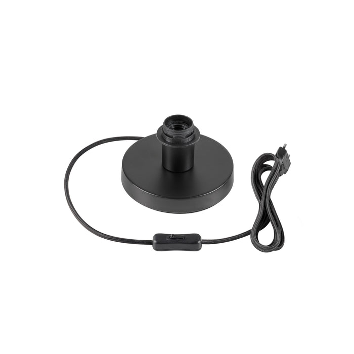 Black metal ceiling light fixture with a matte finish and fabric-covered cord.
