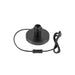 Black metal ceiling light fixture with a matte finish and fabric-covered cord.