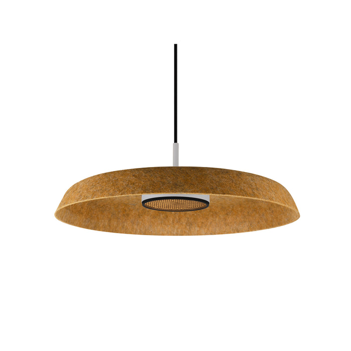 Pendant light fixture, felt shade, tan color, suspended mounting.