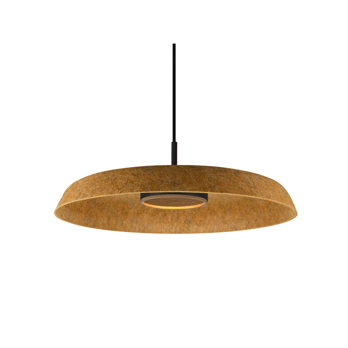 Pendant light fixture with a round, tan felt shade and black mounting.