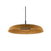 Pendant light fixture with a round, tan felt shade and black mounting.