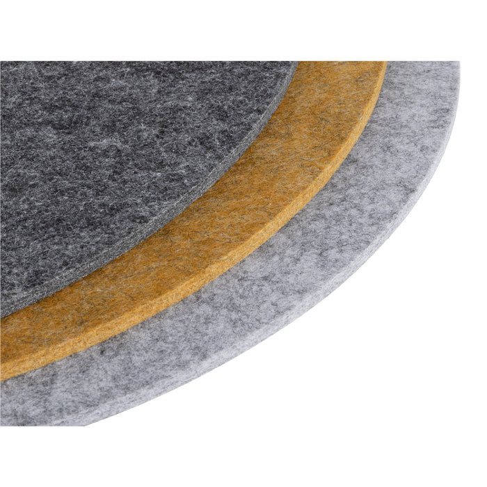 Round acoustic felt panels in dark gray, mustard yellow, and light gray.