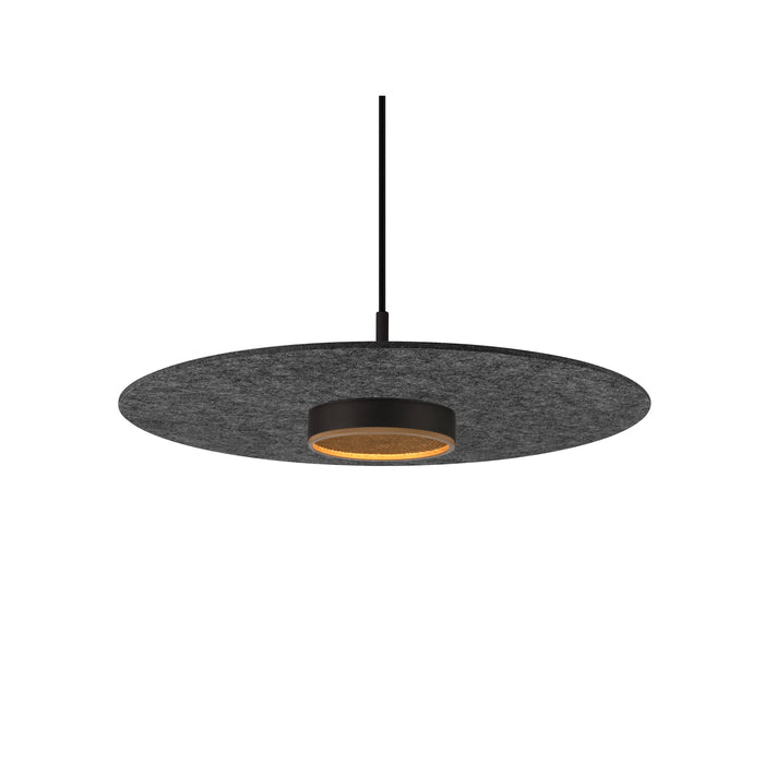 Gray felt pendant light fixture with a dark metal center and suspension cable.