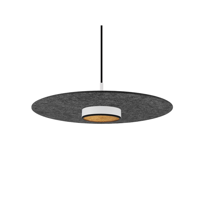 Gray felt pendant light with white metal accents, suspended mounting.