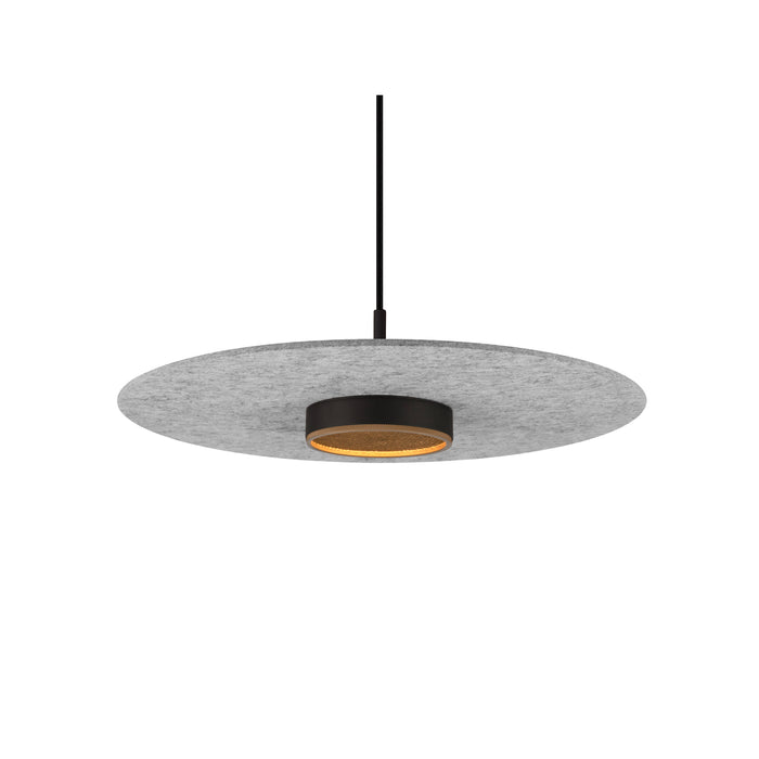 Gray felt disc pendant light fixture with black metal accent.