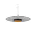 Gray felt disc pendant light fixture with black metal accent.